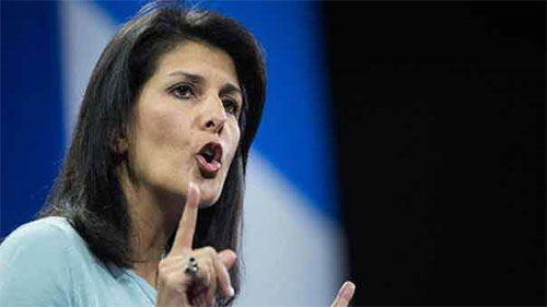 la embajadora de EEUU ante la ONU, Nikki Haley Estados Unidos reafirma su compromiso de defender los crímenes sionistas