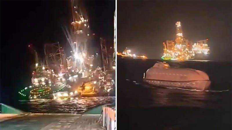 Una gigantesca plataforma petrolera se hunde en el mar con decenas de trabajadores a bordo (video)